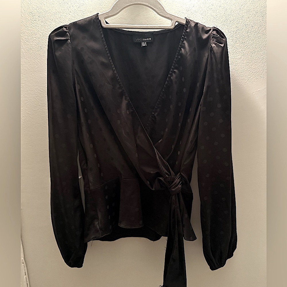 Lucy Paris Sheer Silk Blouse Tie Front v-neck women’s top black polka dot, Small